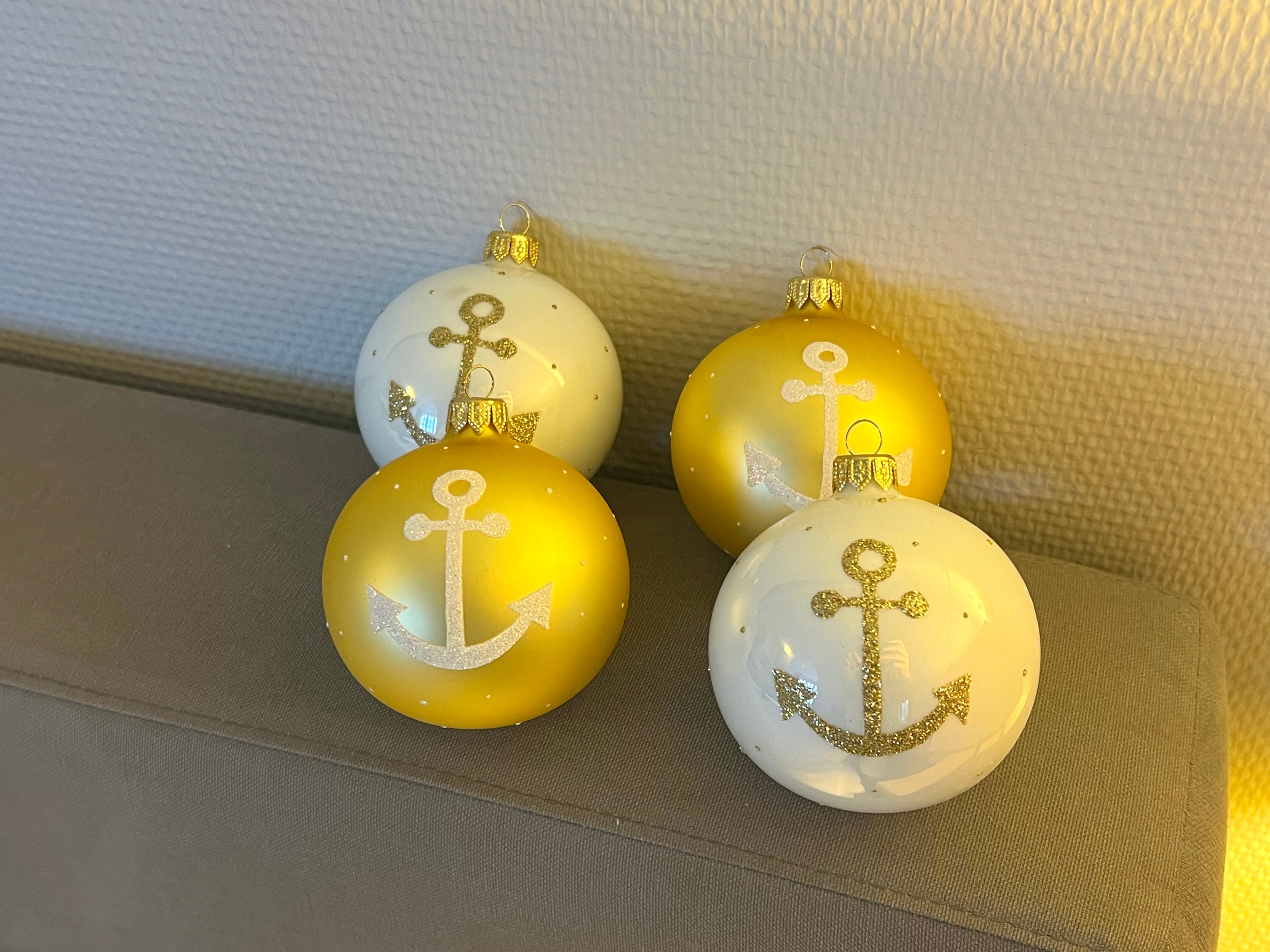 4er Set edle Weihnachtskugel gold/weiß mit Anker