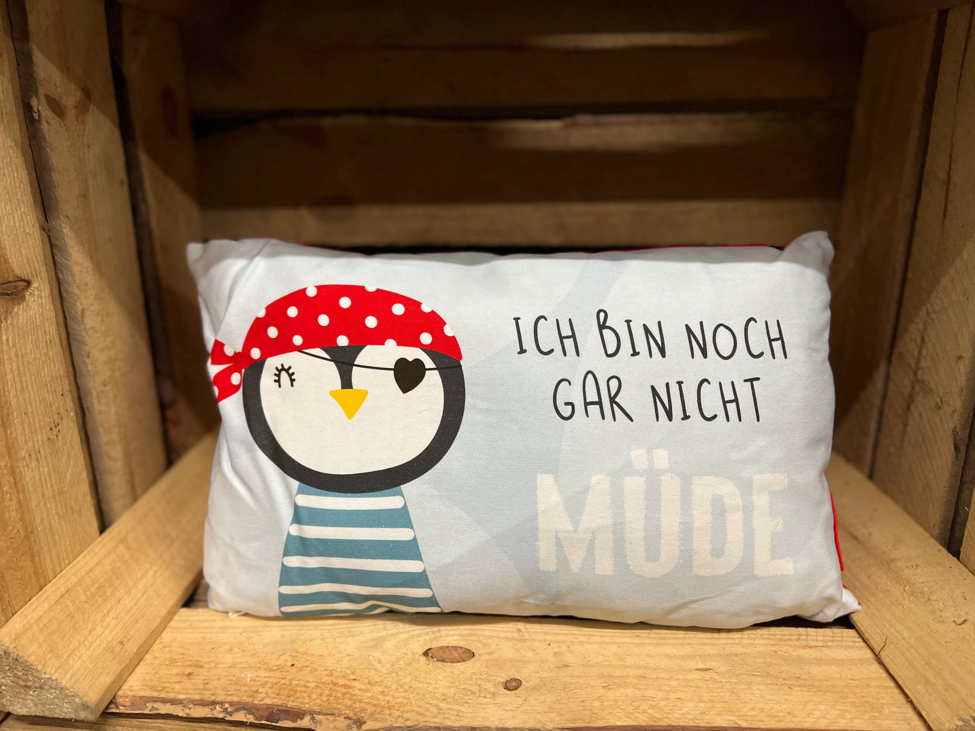 Kissen „Ich bin noch gar nicht müde“ mit Pinguin (Kinder)