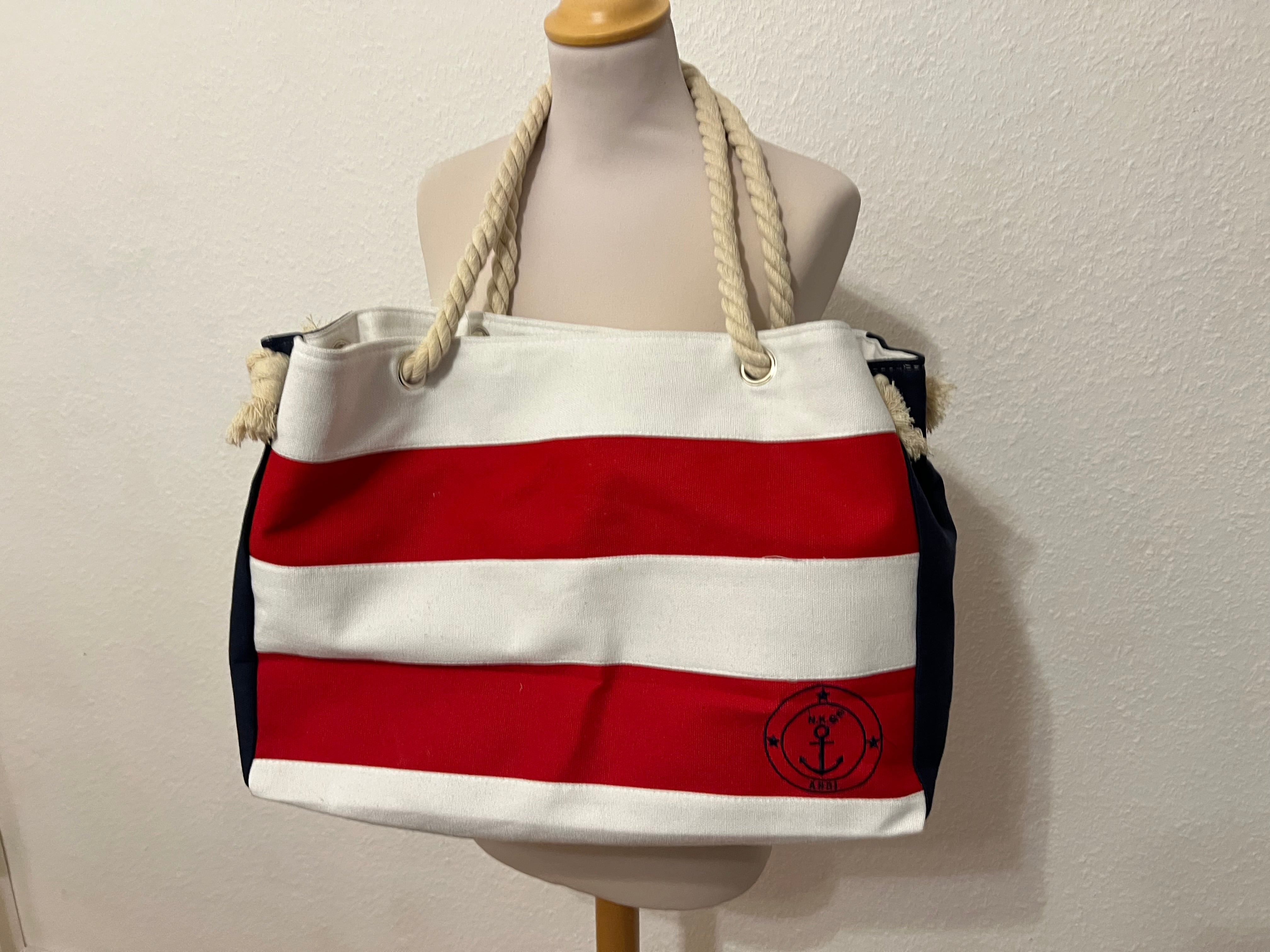 Tasche gestreift rot/weiß mit Kompass