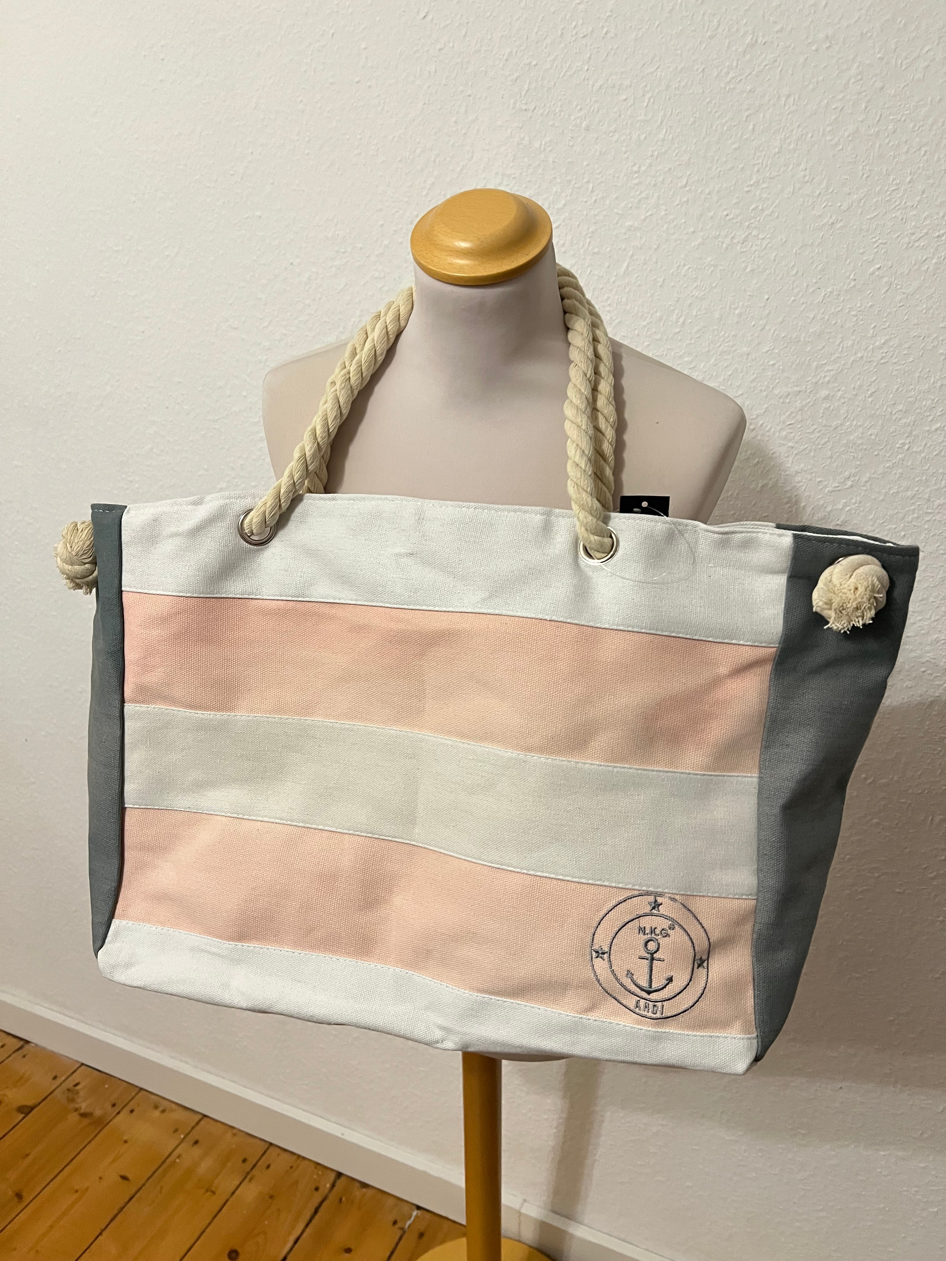 Tasche beige gestreift Kompass mit Reißverschluss