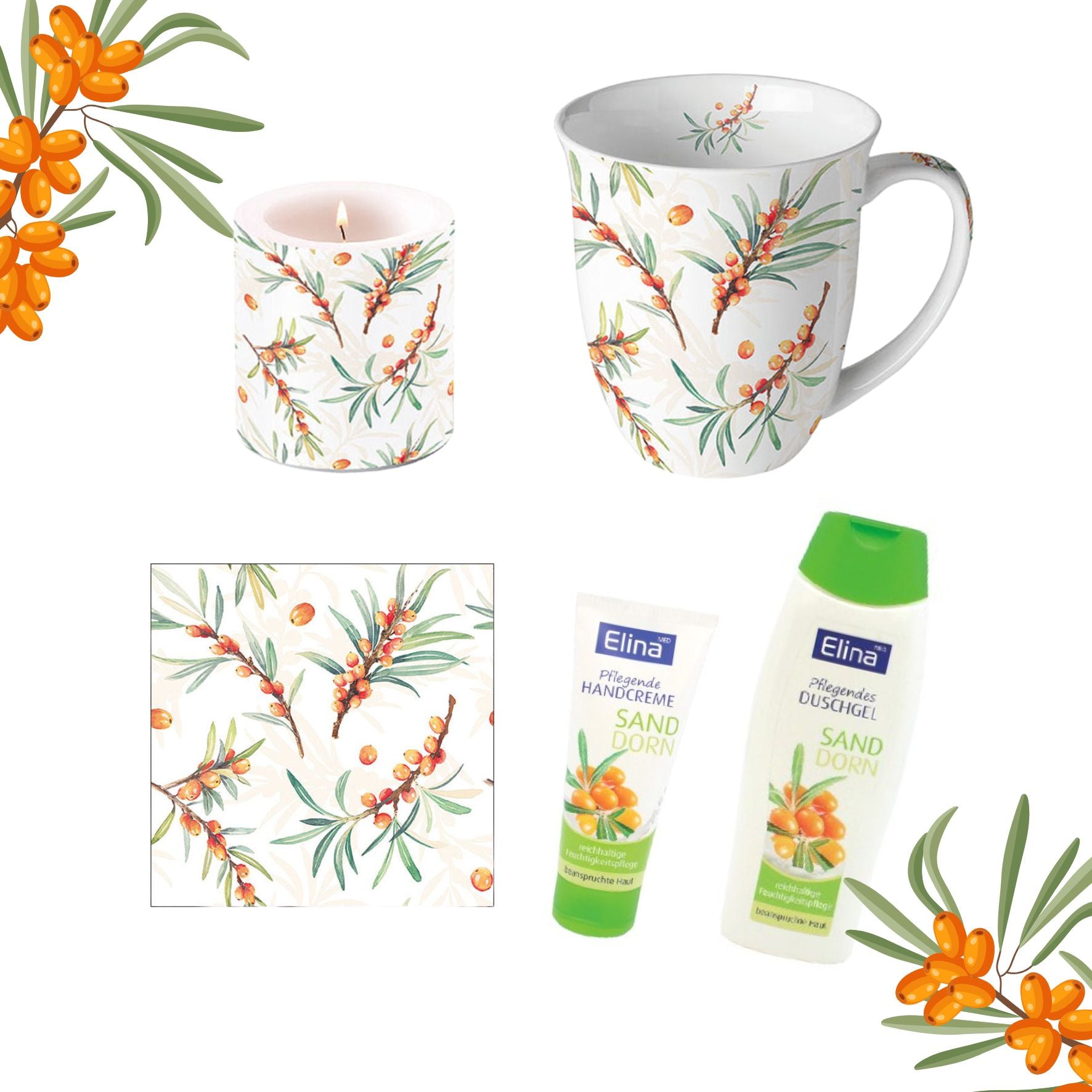 Sanddorn Set 5-teilig Tasse + Serviette + Kerze + Duschgel + Handcreme