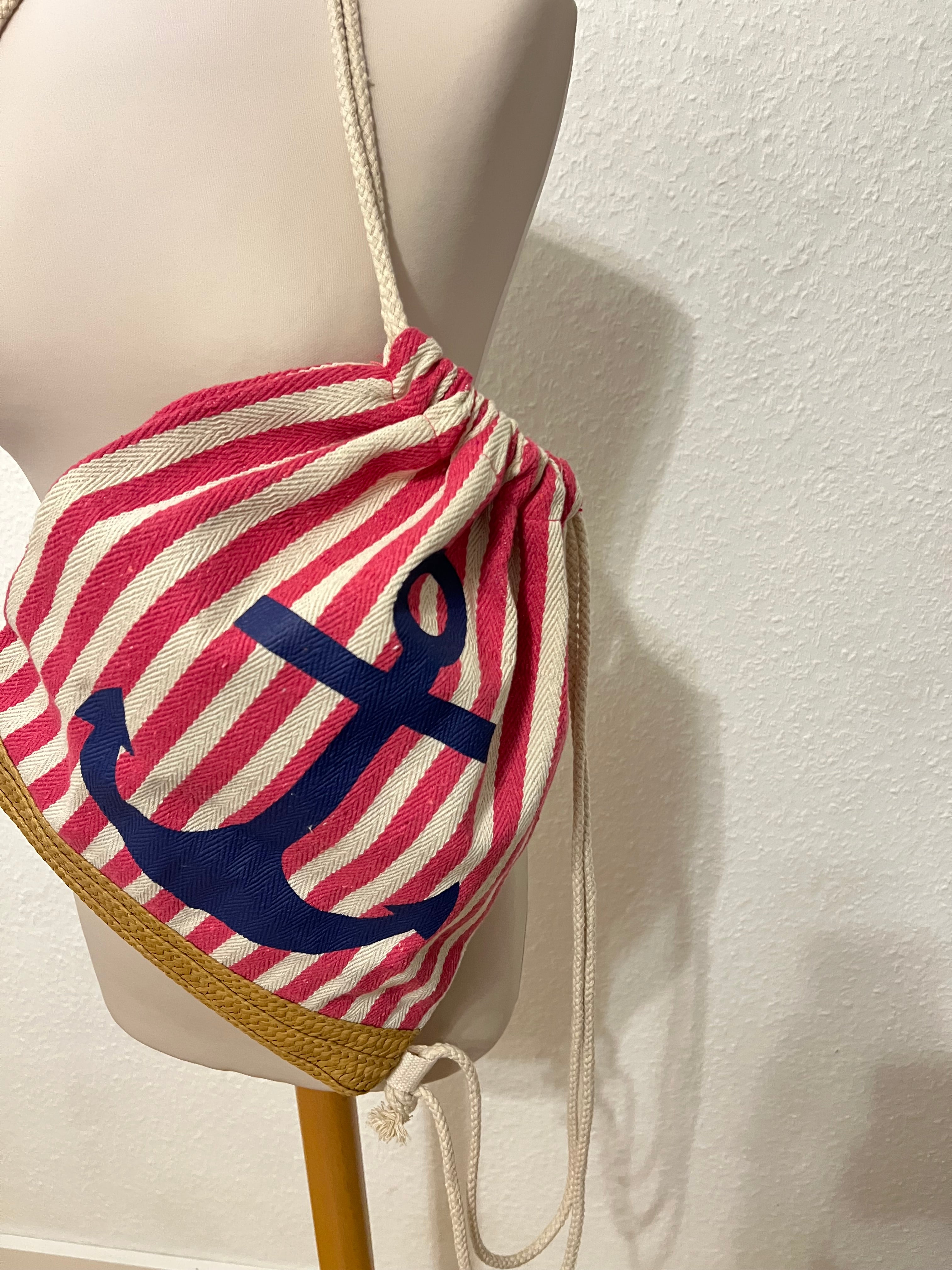 Beutel Rucksack mit Anker gestreift rot/weiß – MEER DEKO