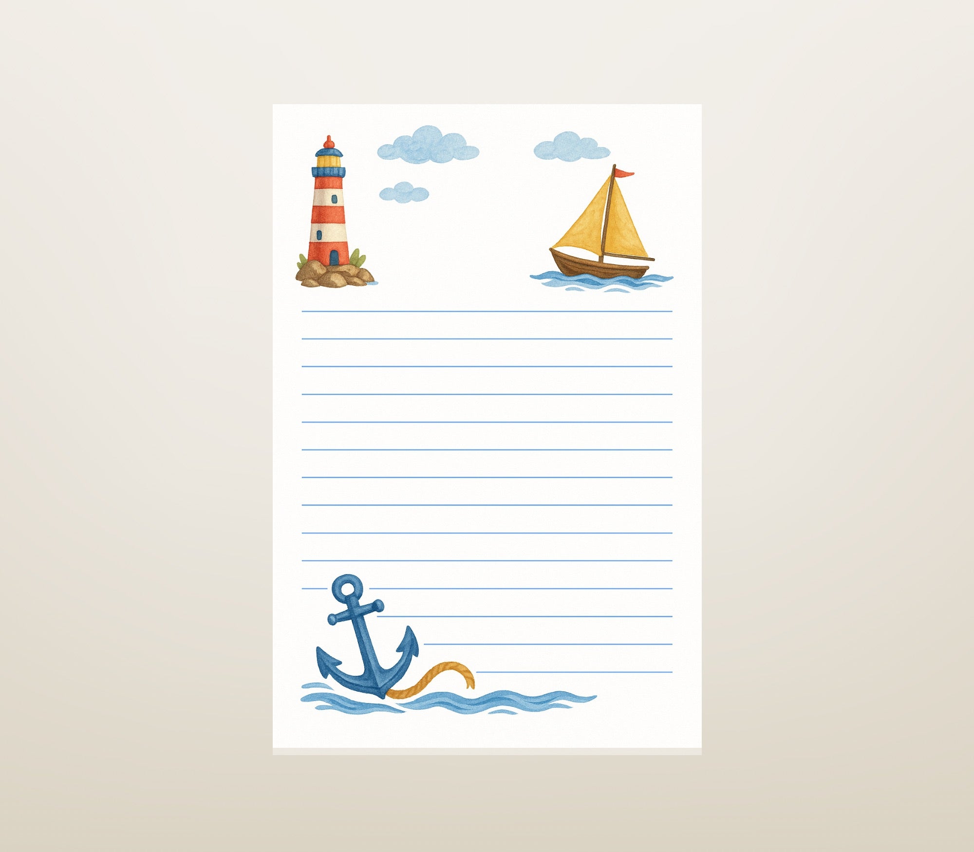 Notizblock A6 mit Anker, Leuchtturm und Segelboot