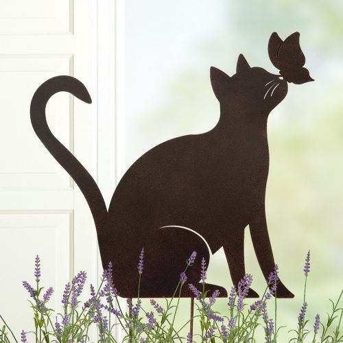 Metall Gartenstecker Katze + Schmetterling braun - MEER DEKO