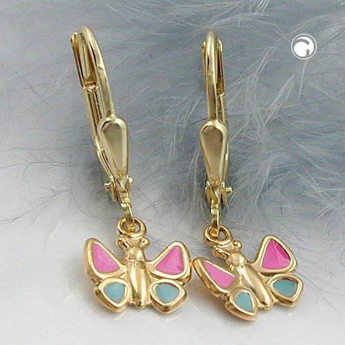 Ohrbrisur Ohrhänger Ohrringe 22x7mm Schmetterling hellblau - pink 9Kt GOLD - MEER DEKO