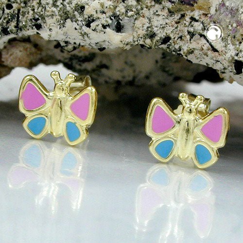 Ohrstecker Ohrring 7mm Schmetterling pink - hellblau 9Kt GOLD - MEER DEKO