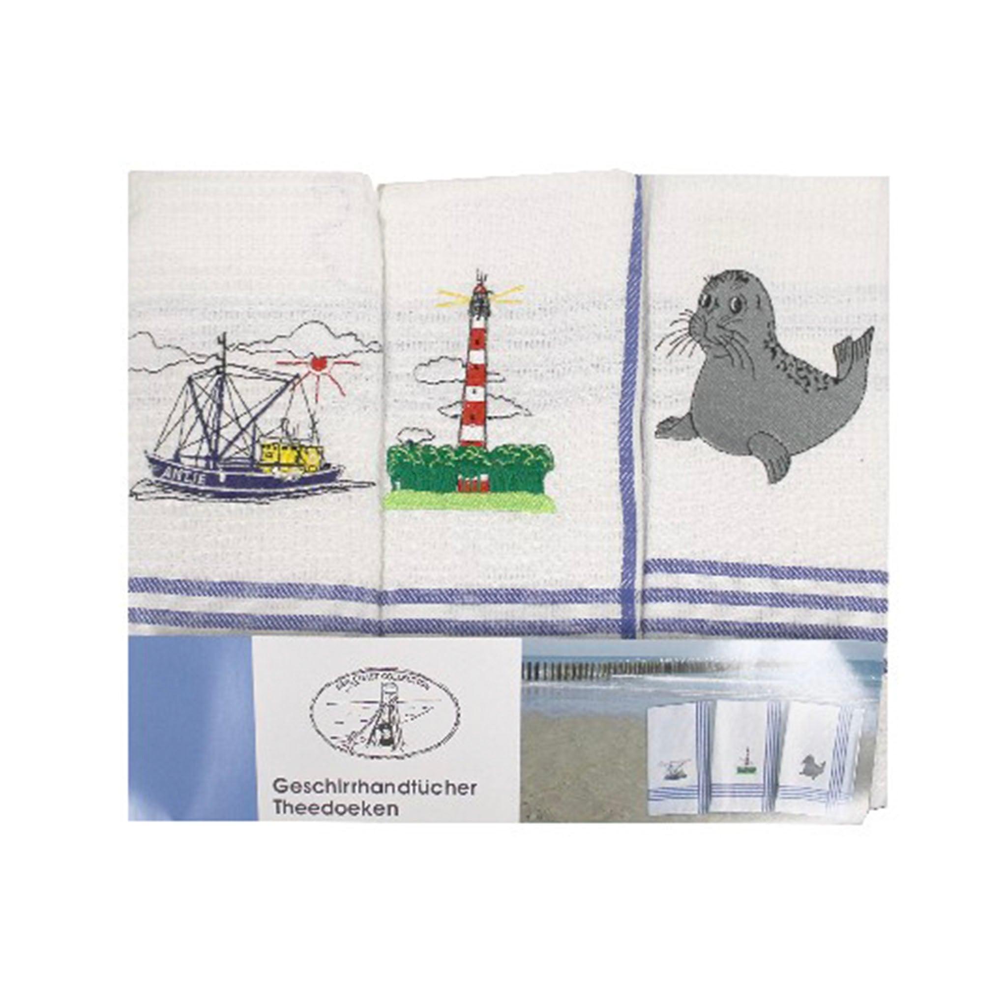 3er Set maritime Geschirrtücher 50x70cm Leuchtturm/Kutter/Seehund - MEER DEKO